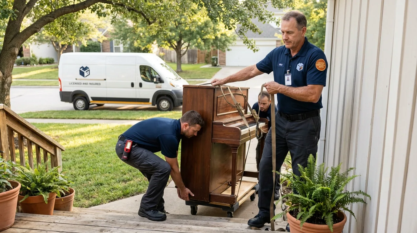 Licensed piano movers securing grand piano in Cliffside Park, NJ