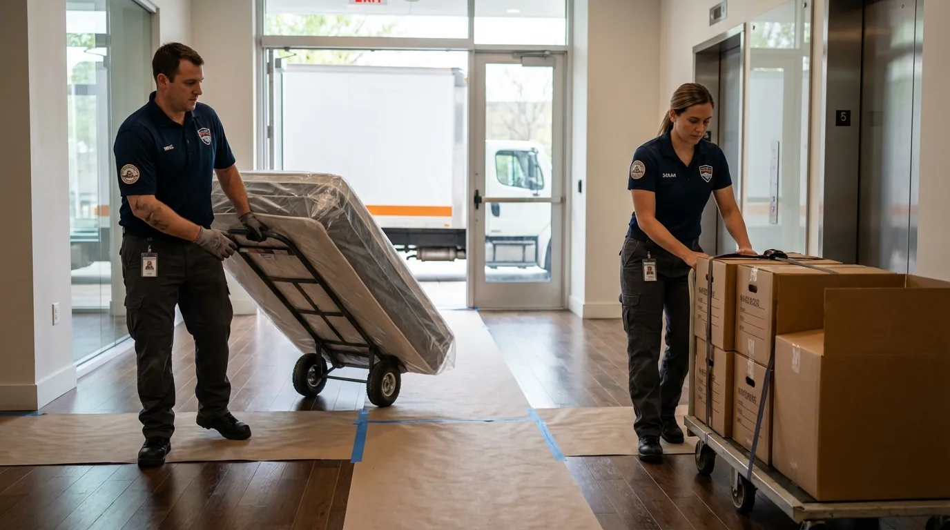 Professional apartment movers loading elevator in Cliffside Park, NJ